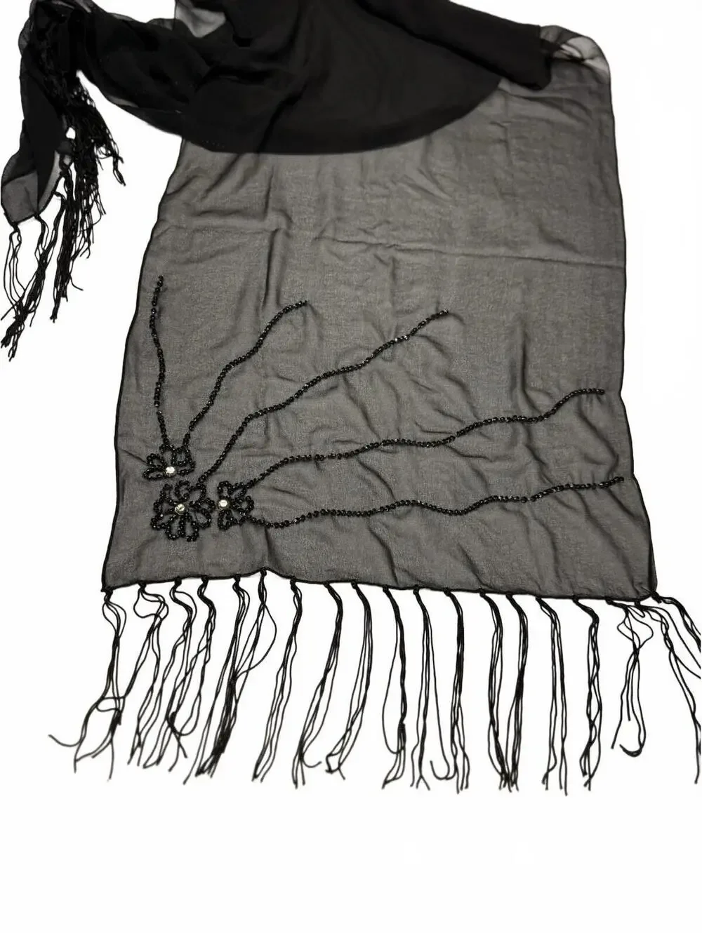 Black Lace Beaded Scarf Shawl Evening Wrap Fringe Special Occasion Holiday Party